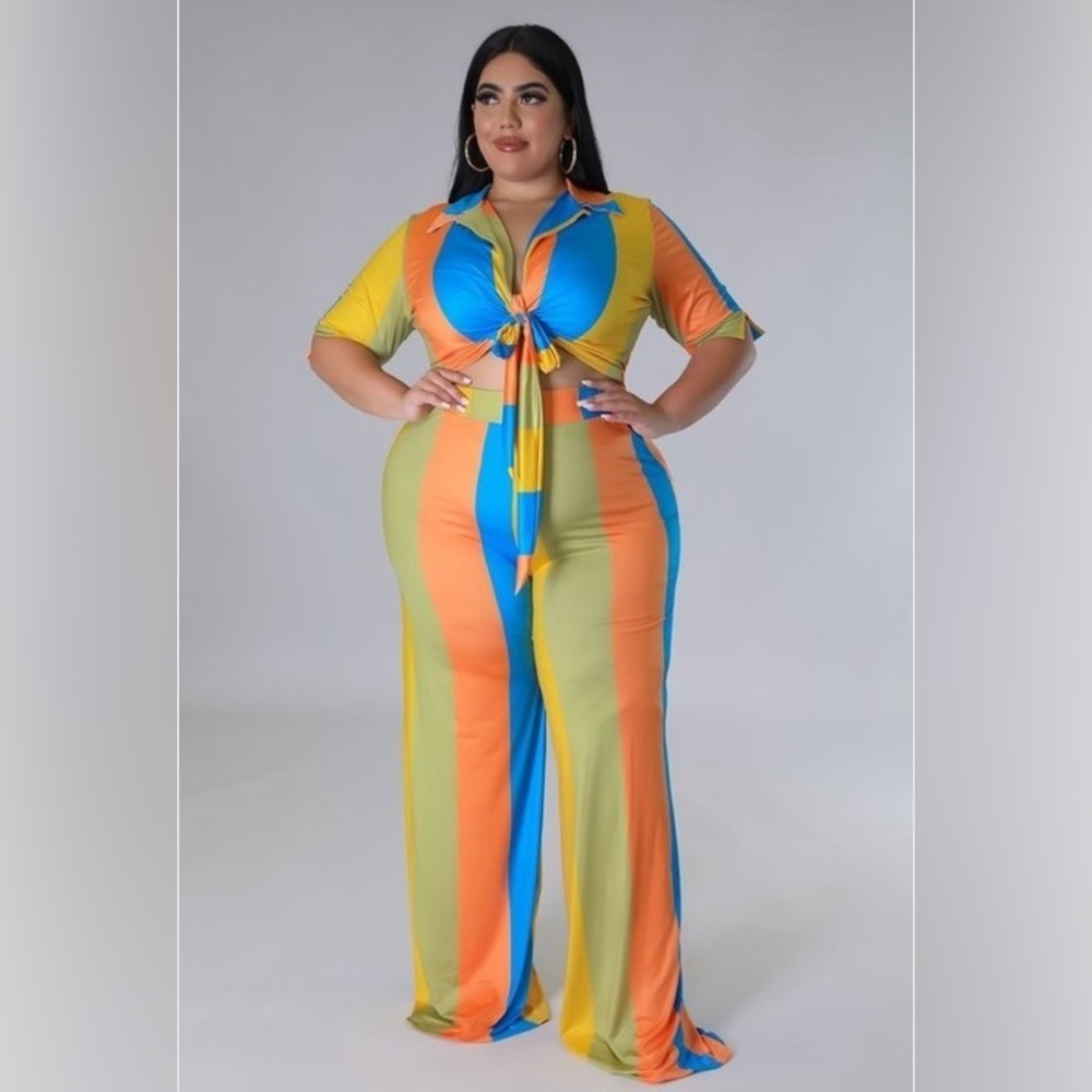 Women’s Plus Size Multi Color Two Piece Collar Self Tie Crop Top Wide Pants Set